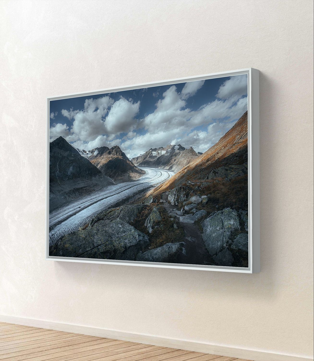 Mural Magical Autumn - aluminum dibond in a white shadow gap frame - 3D view