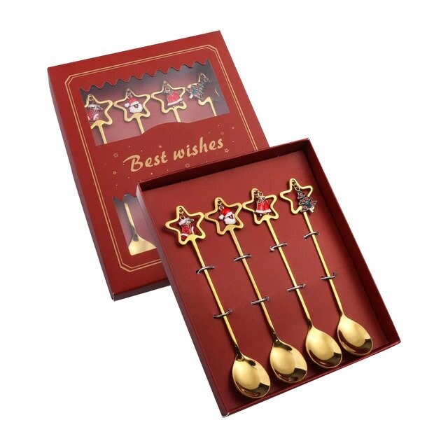 4 Pieces Christmas Pentagram Gold Spoon Set - Red Box