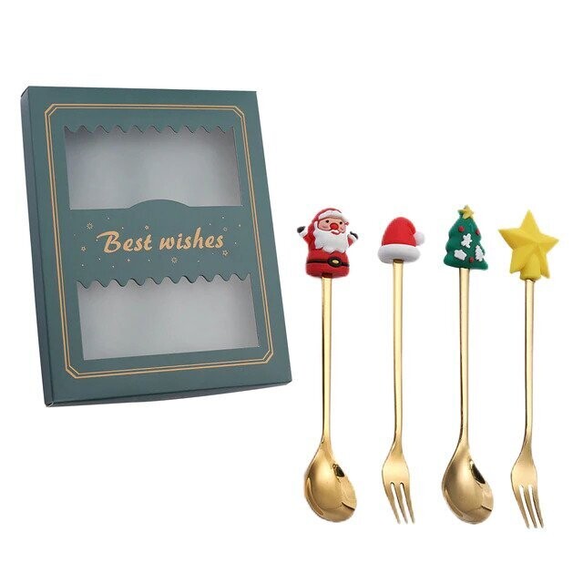 4 Pieces Christmas Spoon and Fork Set Santa Doll - Green Box