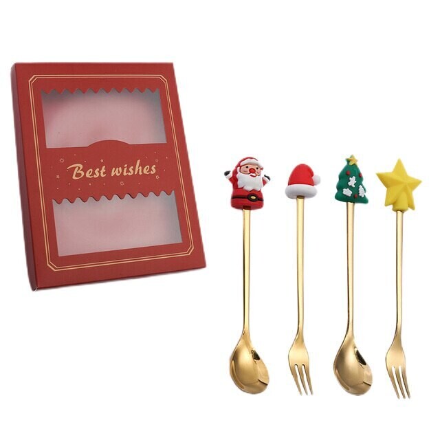 4 Pieces Christmas Spoon and Fork Set Santa Doll - Red Box