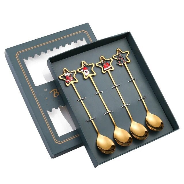 4 Pieces Christmas Pentagram Gold Spoon Set - Green Box