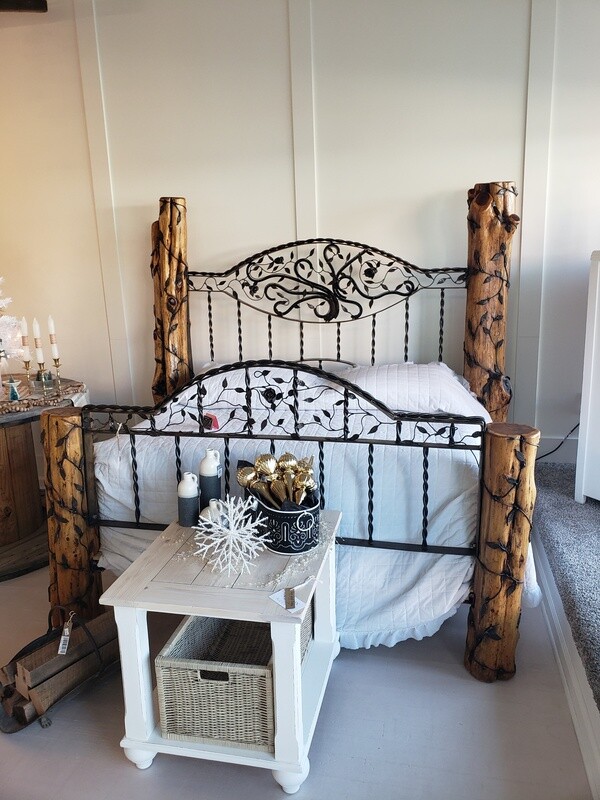 Rustic Custom Hand Made Cedar Log and Forged Iron Rose Bed