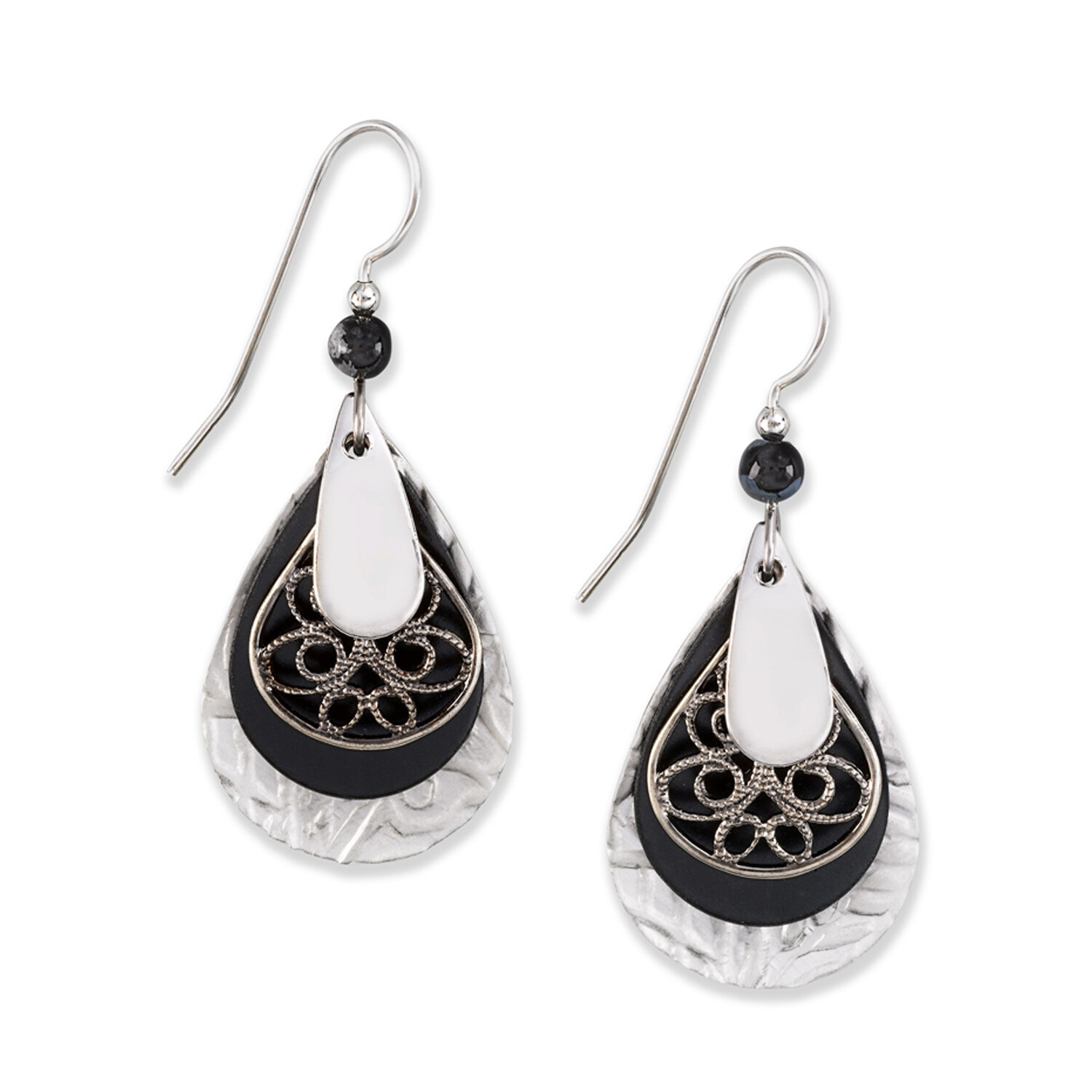 Silver Forest Earrings Silver Black Tear Filigree