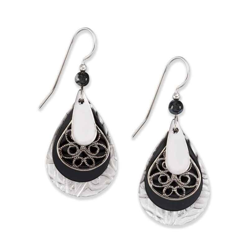 Silver Forest Earrings Silver Black Tear Filigree