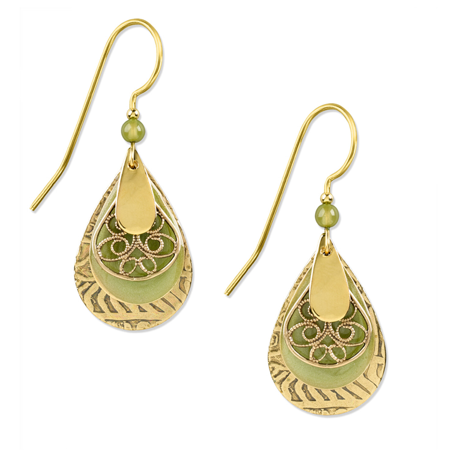Silver Forest Earrings Green Tear Filigree