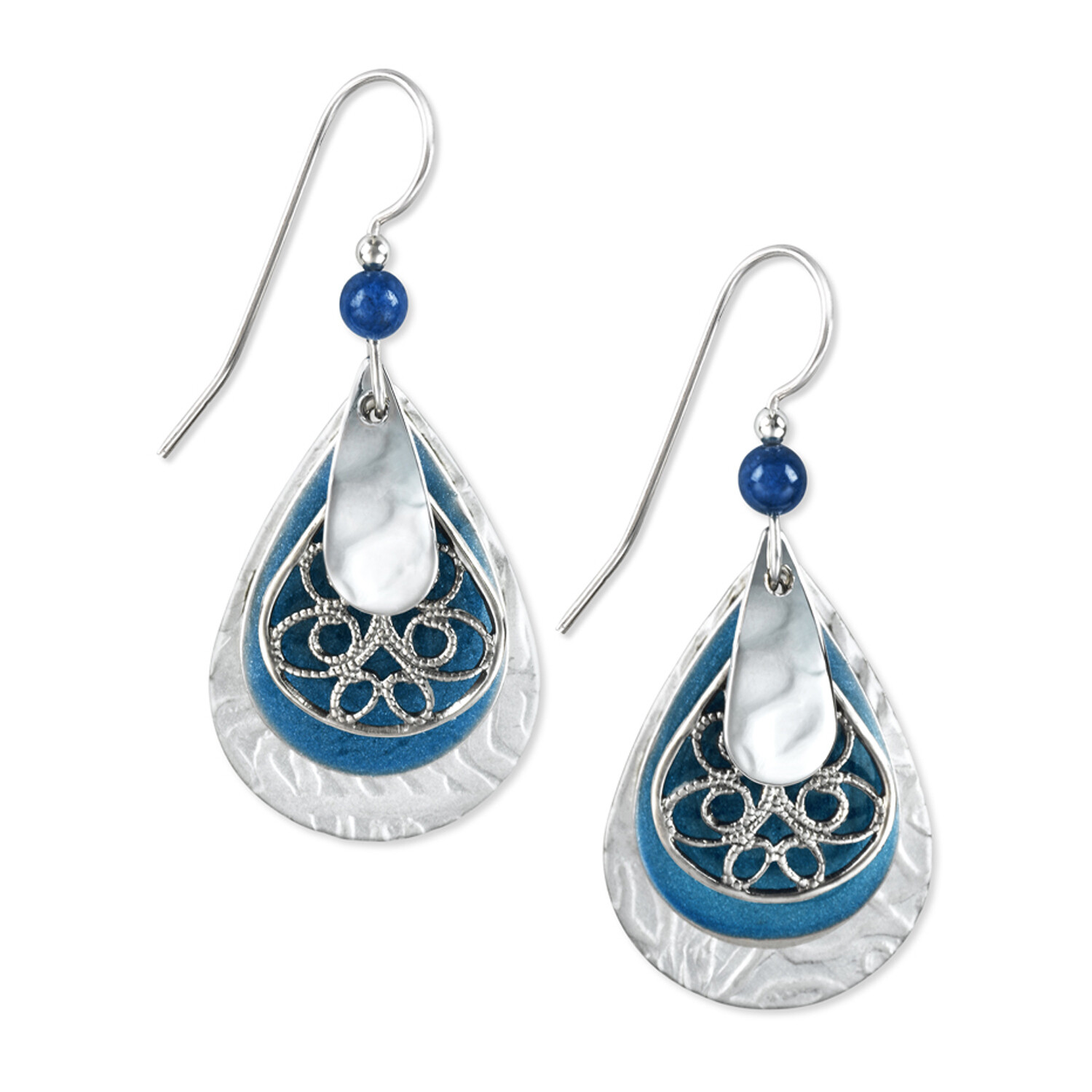 Silver Forest Earrings Blue Tear Filigree