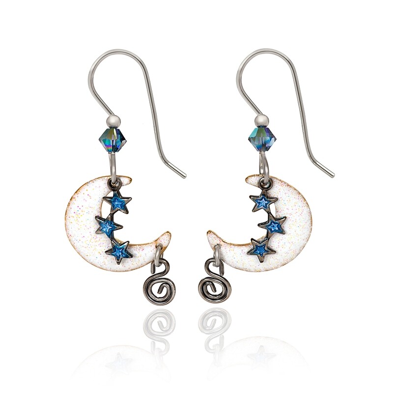 Silver Forest Goldtone Surgical Steel Dangle Moon Stars &amp; Cresent Earrings