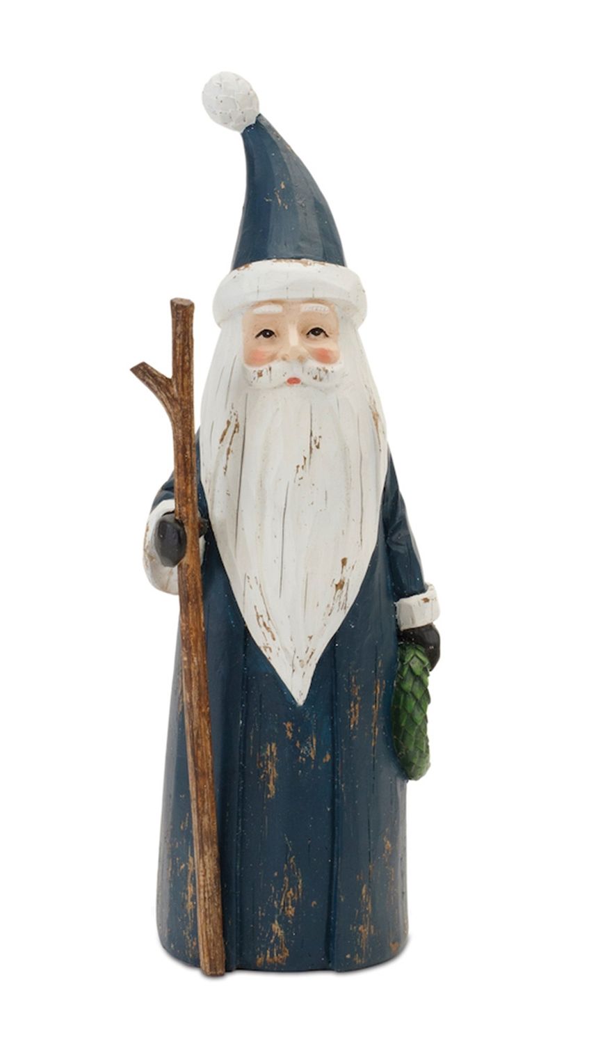 Santa with Wood Walking Stick 12”H Resin