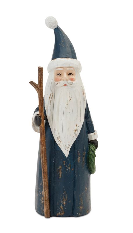 Santa with Wood Walking Stick 12”H Resin