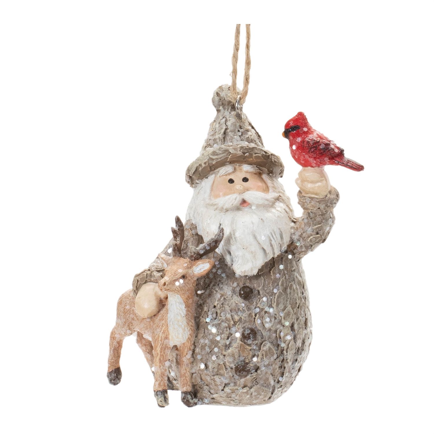 Santa w/Cardinal &amp; Deer Ornament 3”H Resin