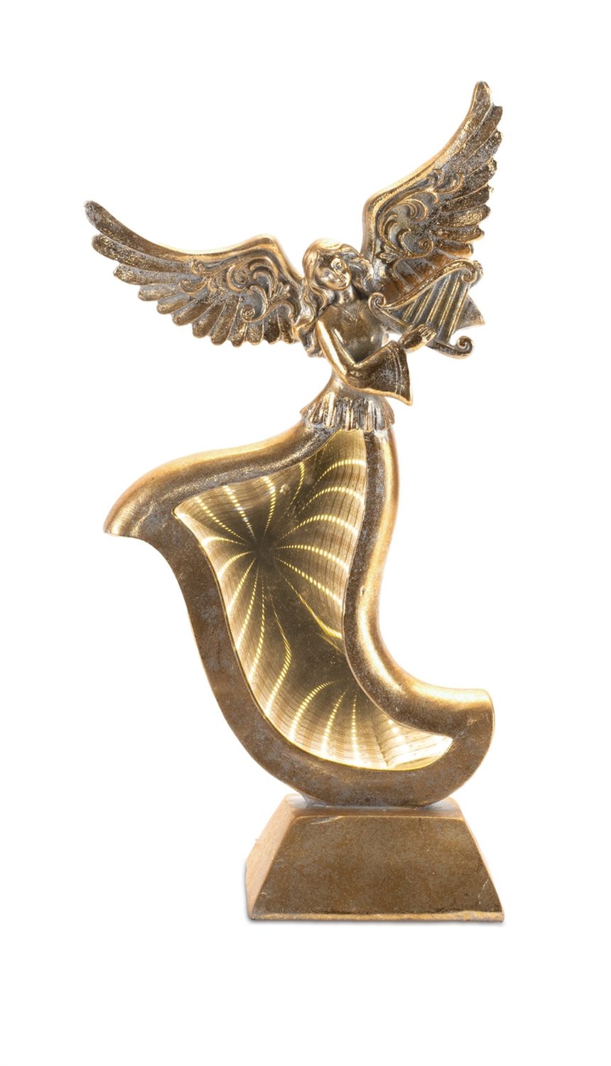 Lighted Angel Figurine with Harp Gold Finish Ekkolight