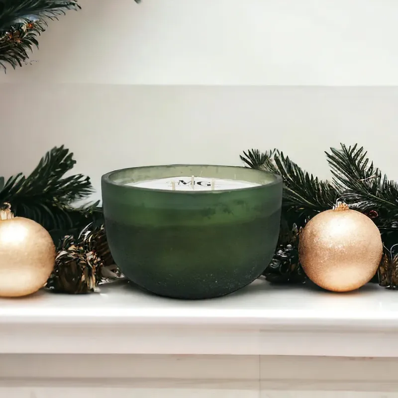 Holiday Greetings Vintage Green Glass Candle