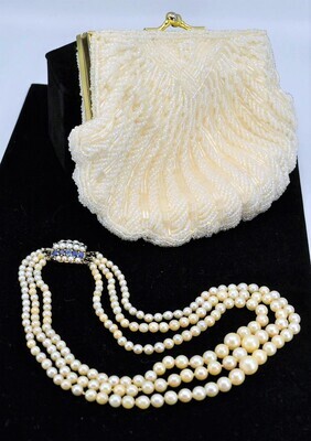 16&quot; Three Strand Graduated Pearl &amp; Sapphire Necklace, 14k Gold Clasp