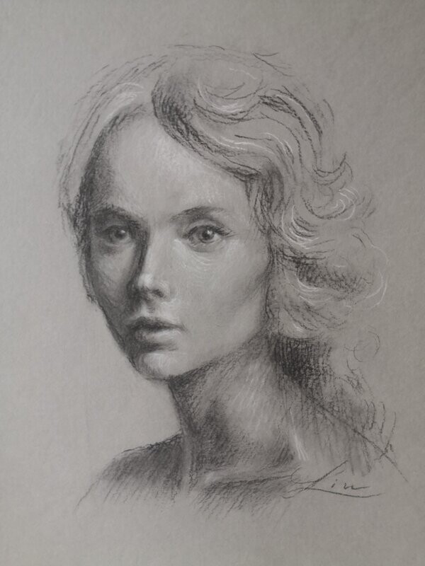 Portrait personnalisé en fusain sur papier gris ou blanc