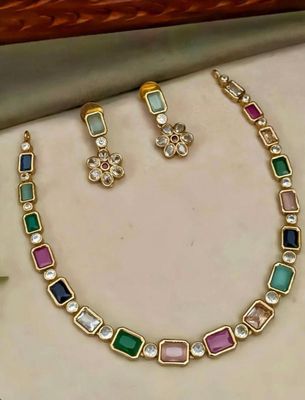 Multi Color Stone american diamond necklace Set
