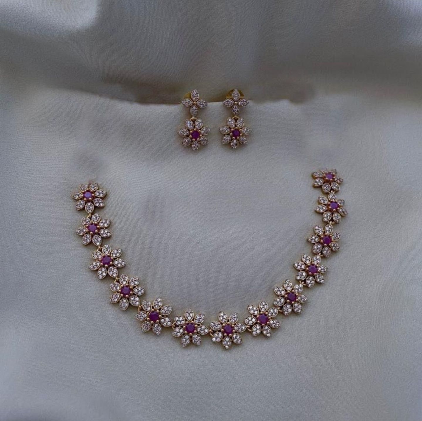 American diamond flower design necklace set