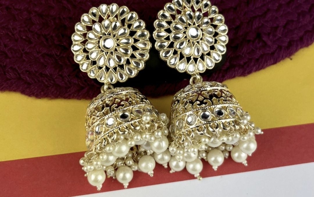 Traditional gold plated white kundan jhumka