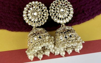 Traditional gold plated white kundan jhumka