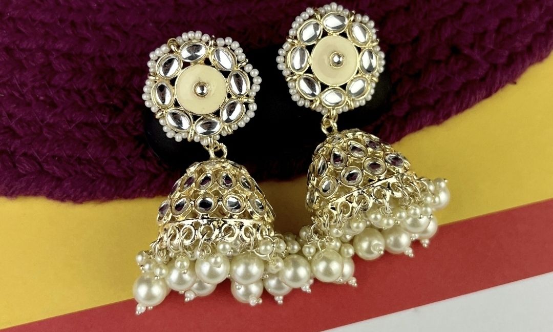 Gold plated white kundan meenakari jhumka