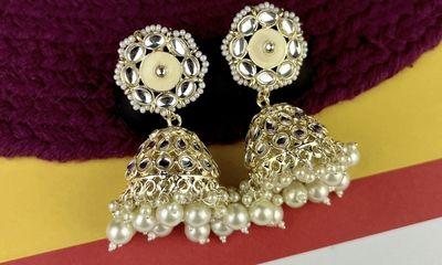 Gold plated white kundan meenakari jhumka