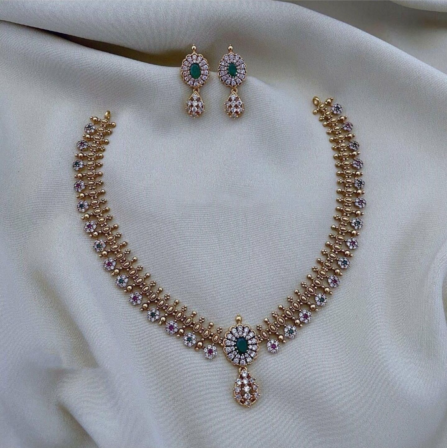 American diamond multi color stone necklace earing set