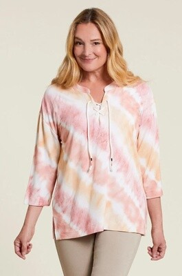 Henley Lace Up Top 3/4 Sleeve (Sunset)