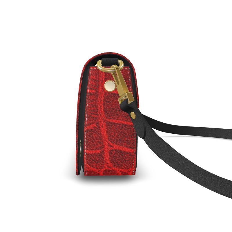 Handmade ladies luxury leather flap over bag in red crocodile print
