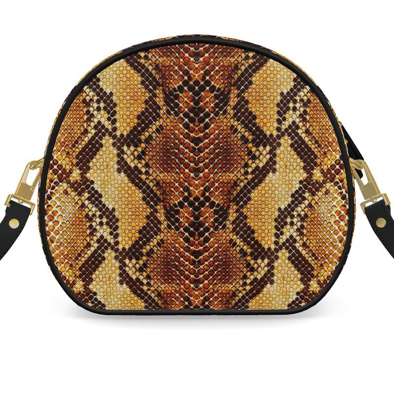 Ladies handmade luxury leather round box bag in snakeskin print