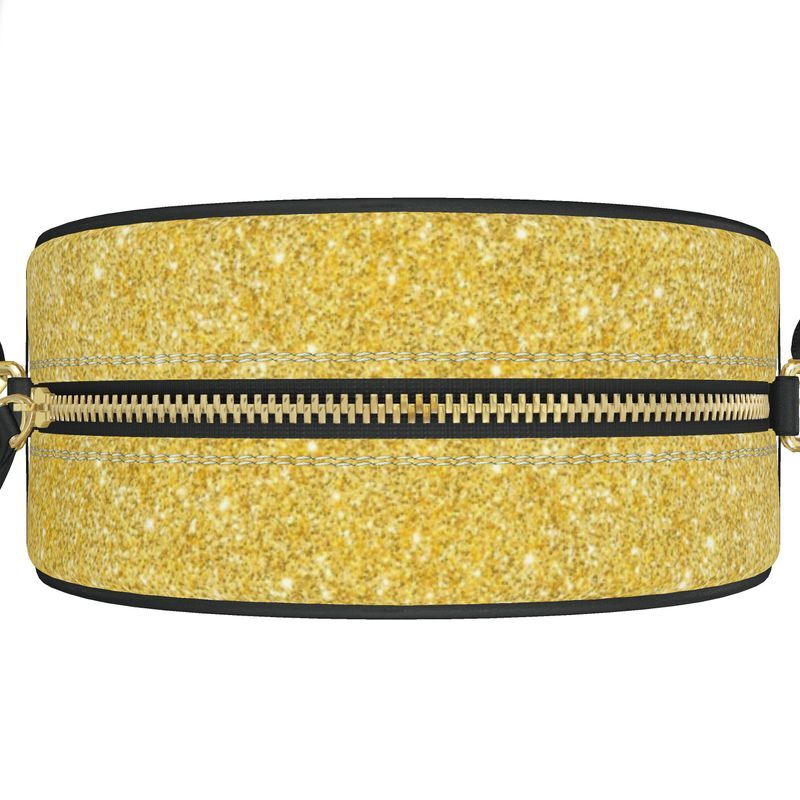 Glitterati ladies handmade luxury leather round box bag in gold glitter print p-oa