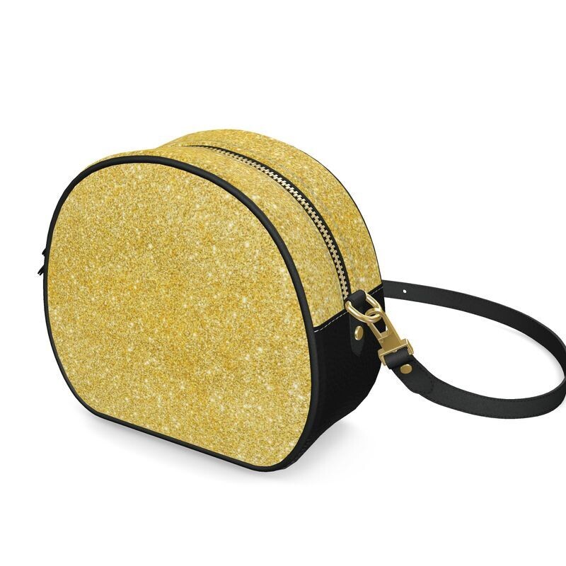 Glitterati ladies handmade luxury leather round box bag in gold glitter print p-oa