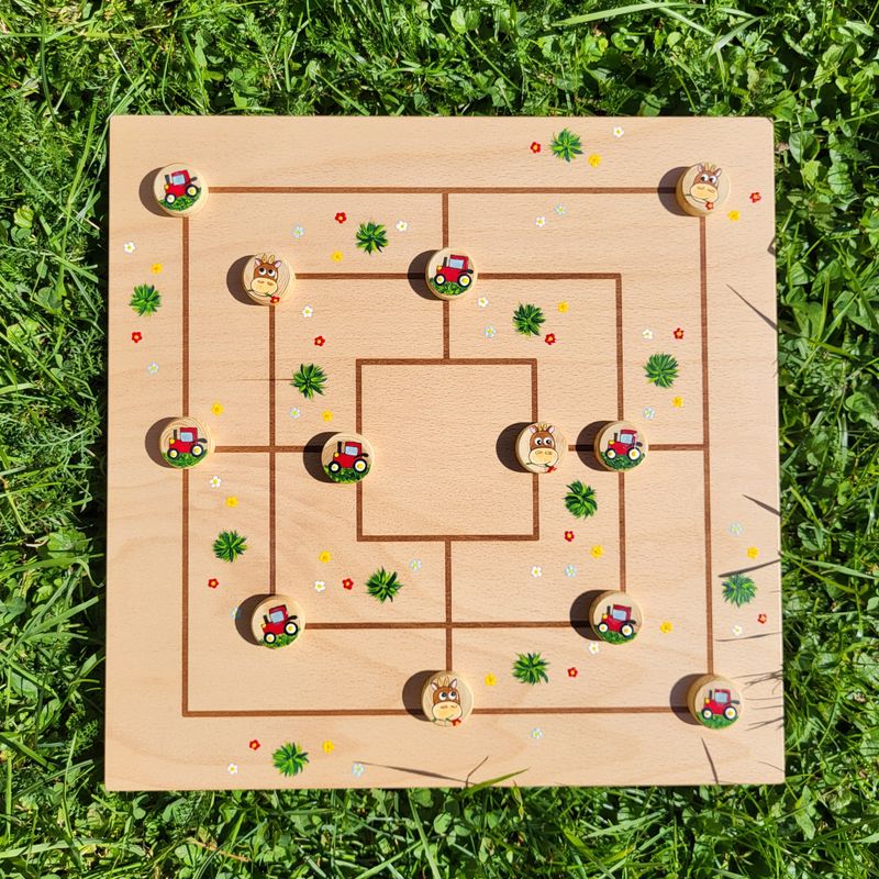 Brettspiel * Mühle * BuchenBrett bemalt * Mimi Muuh & Traktor