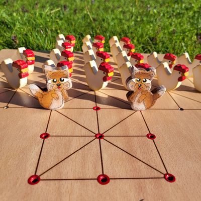 Brettspiel * Fuchs & Henne * Buche * Stall einfach * Figuren färbig