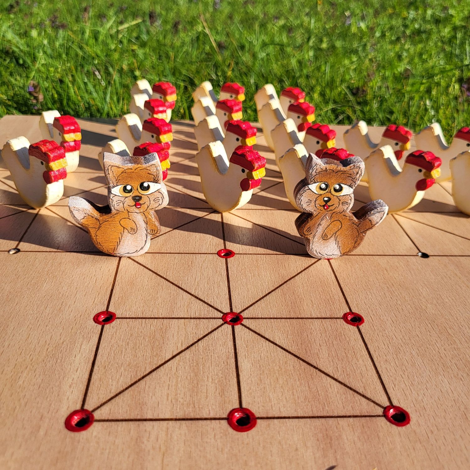 Brettspiel * Fuchs & Henne * Buche * Stall einfach * Figuren färbig
