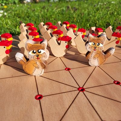 Brettspiel * Fuchs & Henne * Buche * Stall einfach * Hühner Buche natur