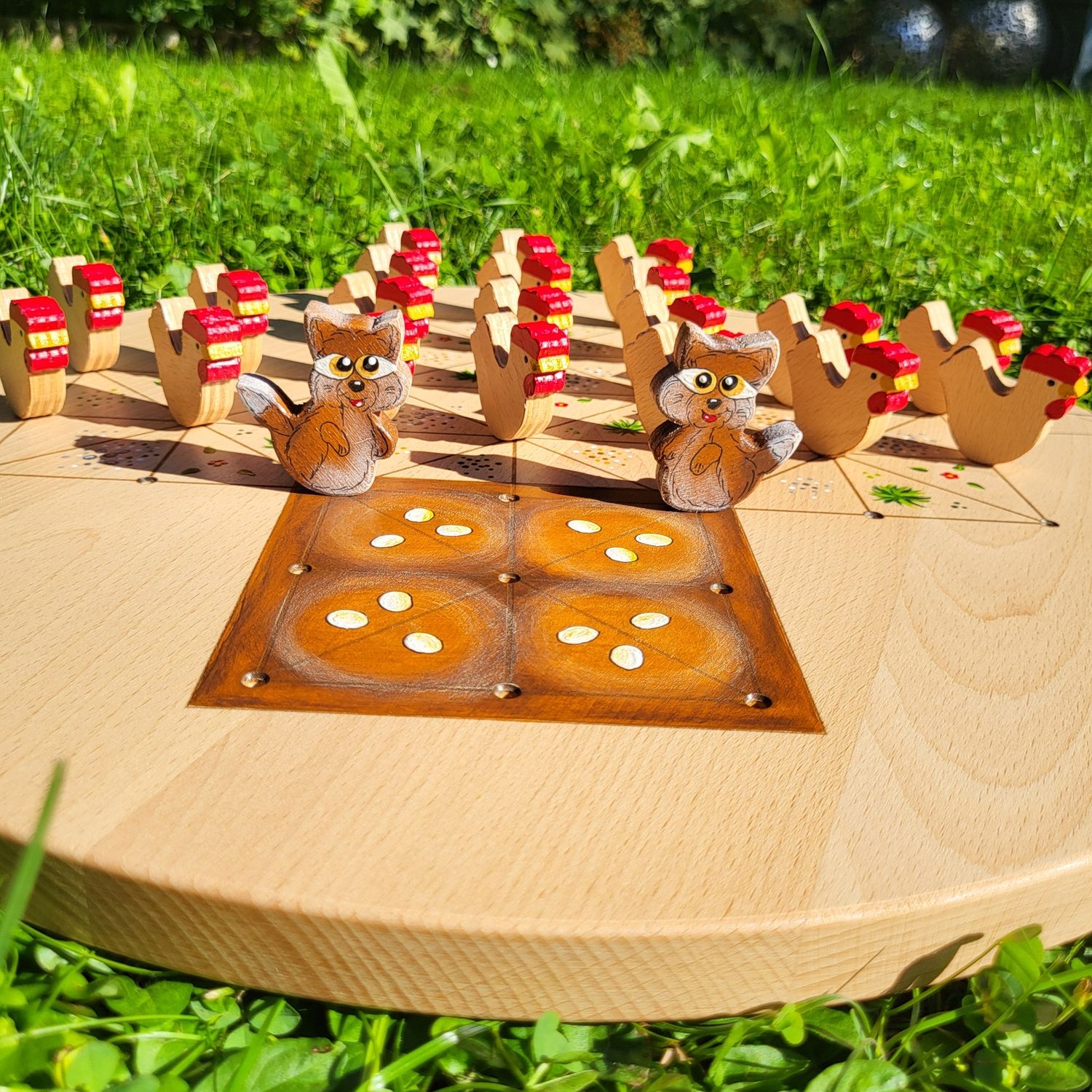 Brettspiel * Fuchs & Henne * Buche rund  * Nest braun * Hühner Buche natur