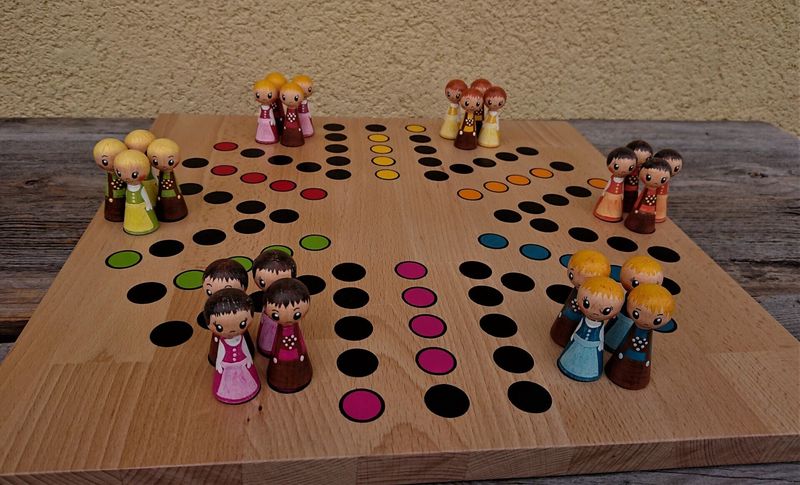 Brettspiel * 6 auf einen Streich * Buche eckig * Dirndl & Bua * bemalt
