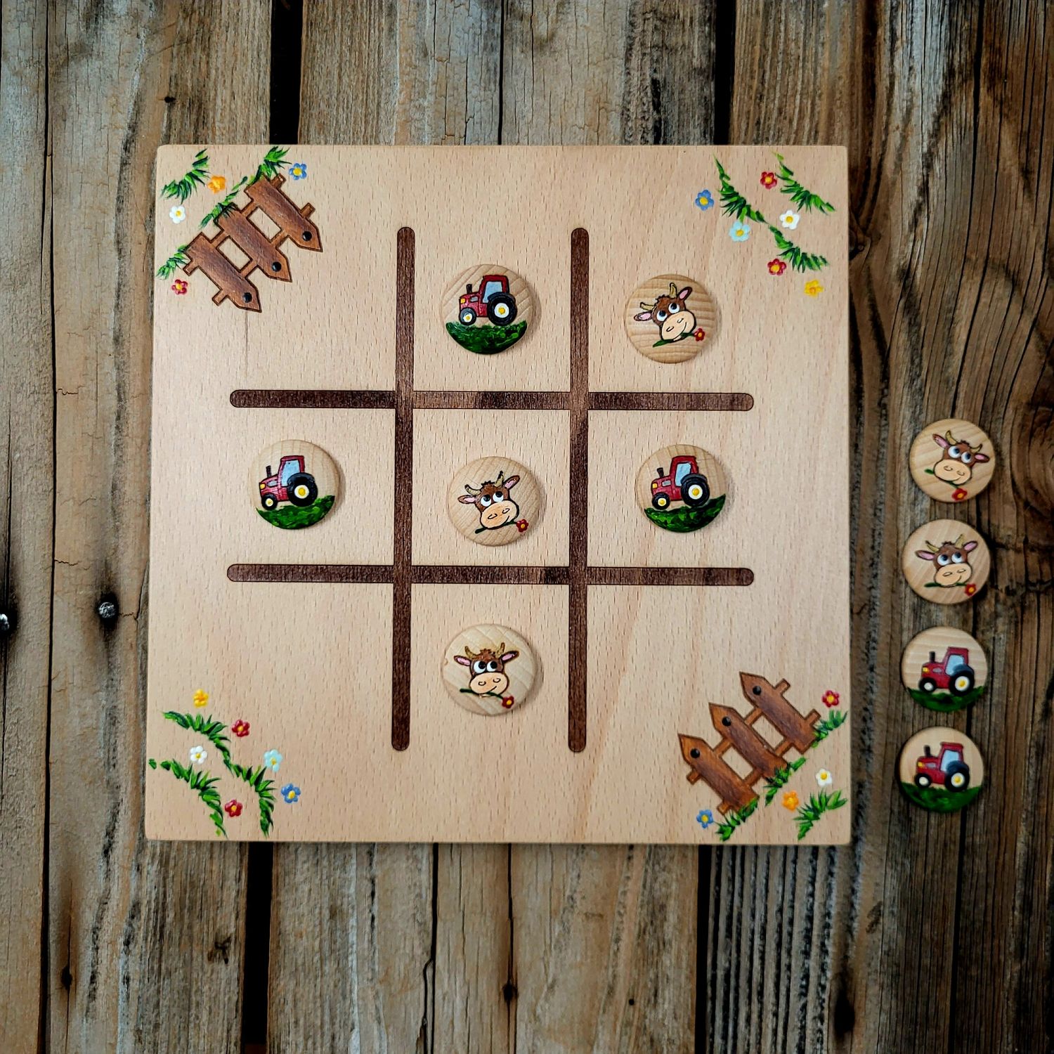 Brettspiel * TicTacToe * Mimi Muuh & Traktor * Buche