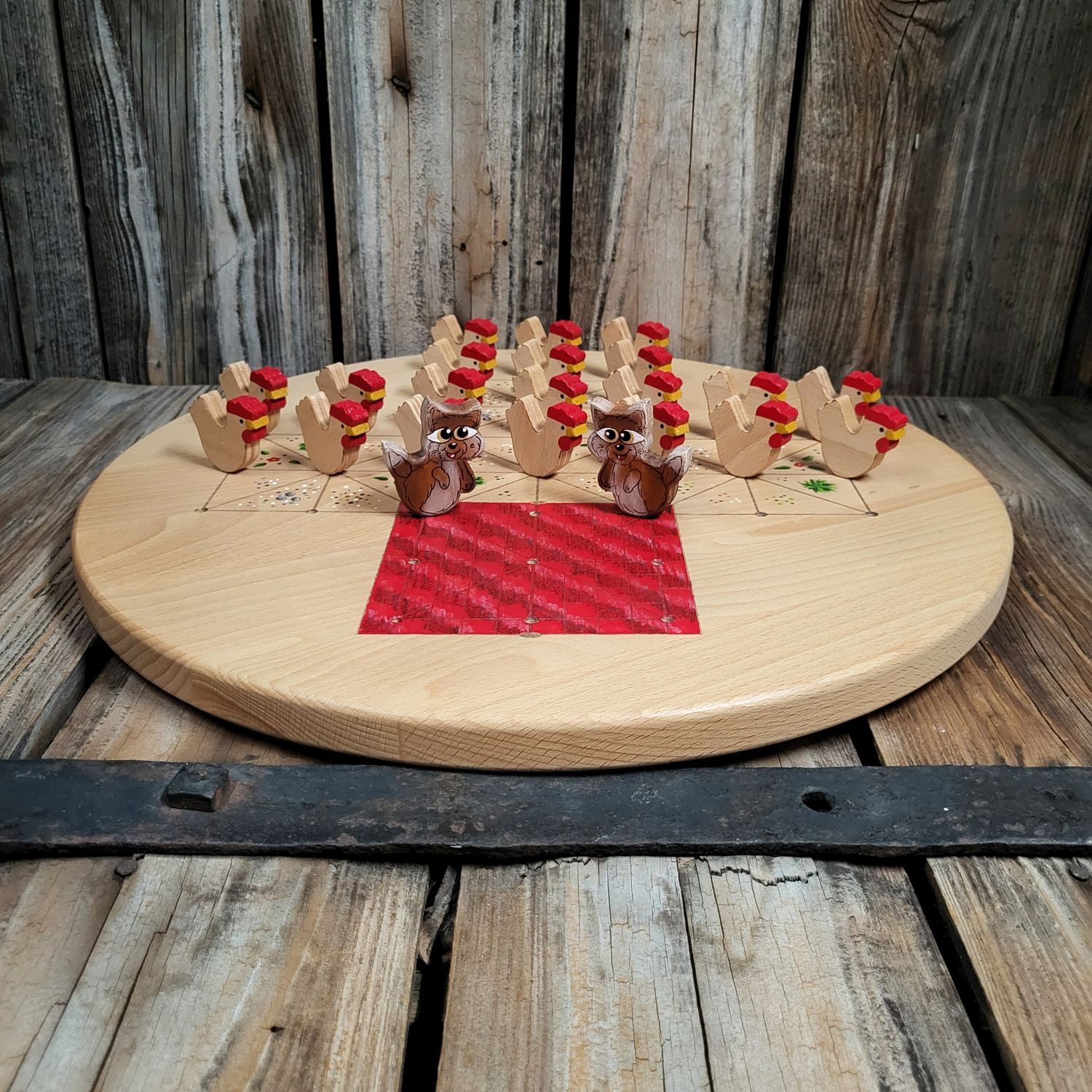 Brettspiel * Fuchs & Henne * Buche rund  * Dach rot * Hühner Buche natur