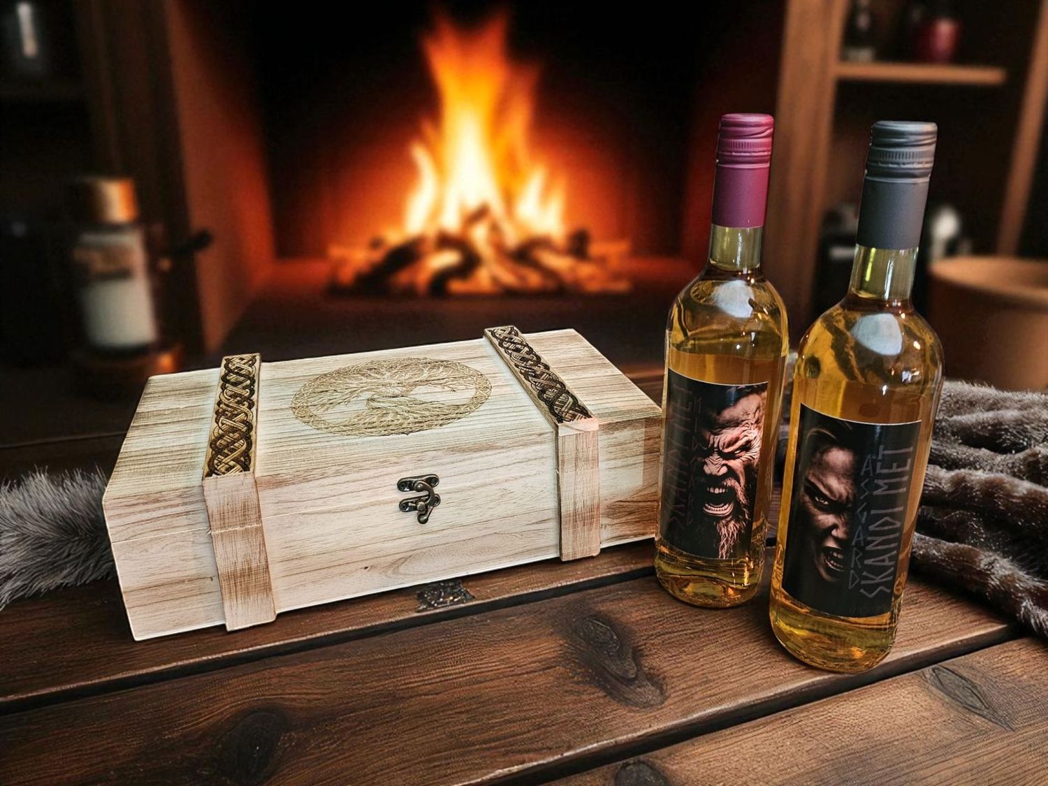 Skandi Met Geschenkbox – gravierte Holztruhe mit 2 Flaschen Met