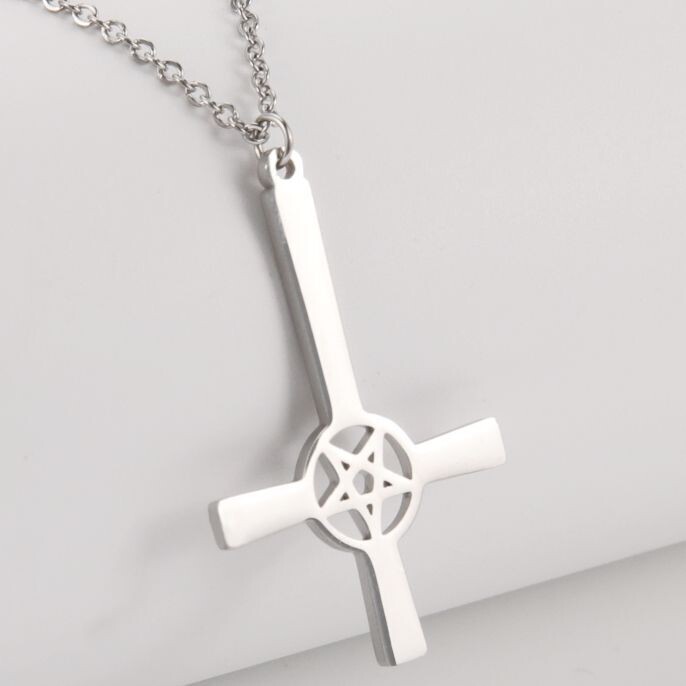 Umgedrehtes Kreuz mit Pentagramm Edelstahl silber