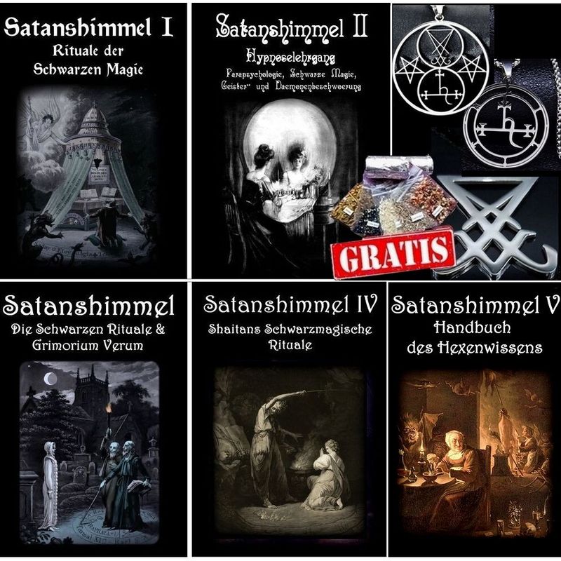 5 Satanshimmel Magie-Bücher + GRATIS Räucherset + 3 Luzifer/Lilith Amulette