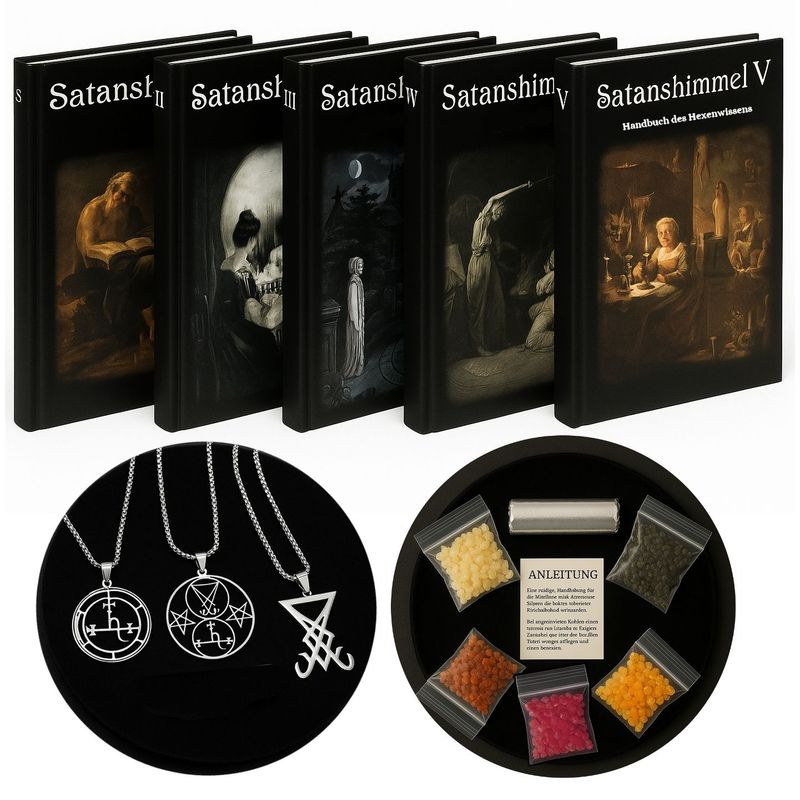 5 Satanshimmel Magie-Bücher + GRATIS Räucherset + 3 Luzifer/Lilith Amulette