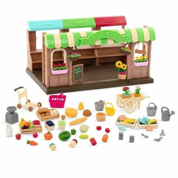 Li&#39;l Woodzeez Store Playset with Toy Food 68pc - Hoppin&#39; Farmers Market