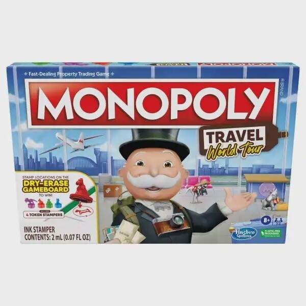 Monopoly Travel World Tour Monopoly Board Game, with Token Stampers and Dry-Eras