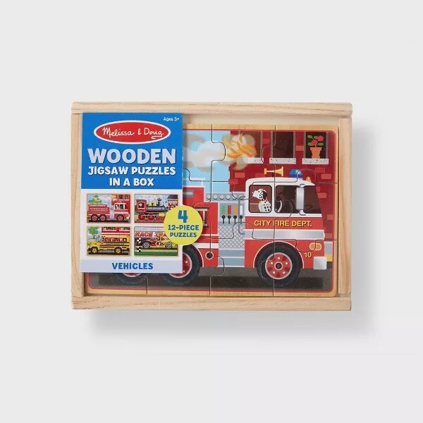 Melissa &amp; Doug Vehicles 4-in-1 Wooden Jigsaw Puzzles in a Storage Box (48 pcs)