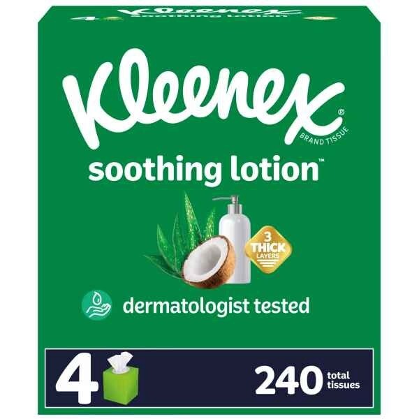 Kleenex Soothing Lotion Facial Tissues 4 Cube Boxes (240 Total Tissues)