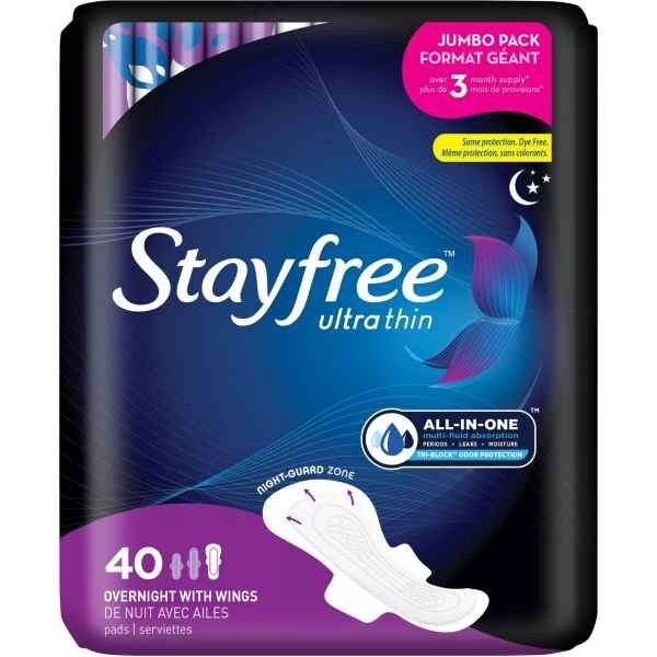 Stayfree Ultra Thin Pads with Wings, Overnight with Night-Guard Zone, 40ct