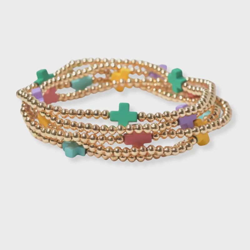 Multi Layered Gold Bead Stretch Bracelet with Cross Accent