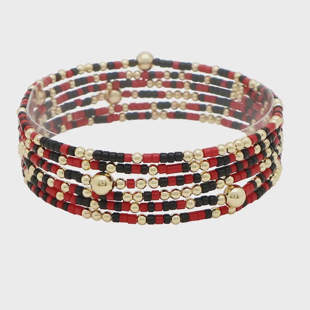Dainty Multi Layered Beaded Stretch Bracelet Game Day Red/Black