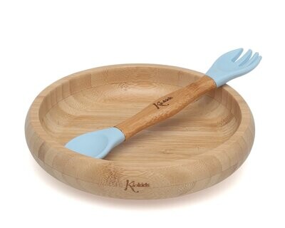 VAJILLA  BEBÉ KIOKIDS BAMBÚ AZUL plato ventosa silicona 